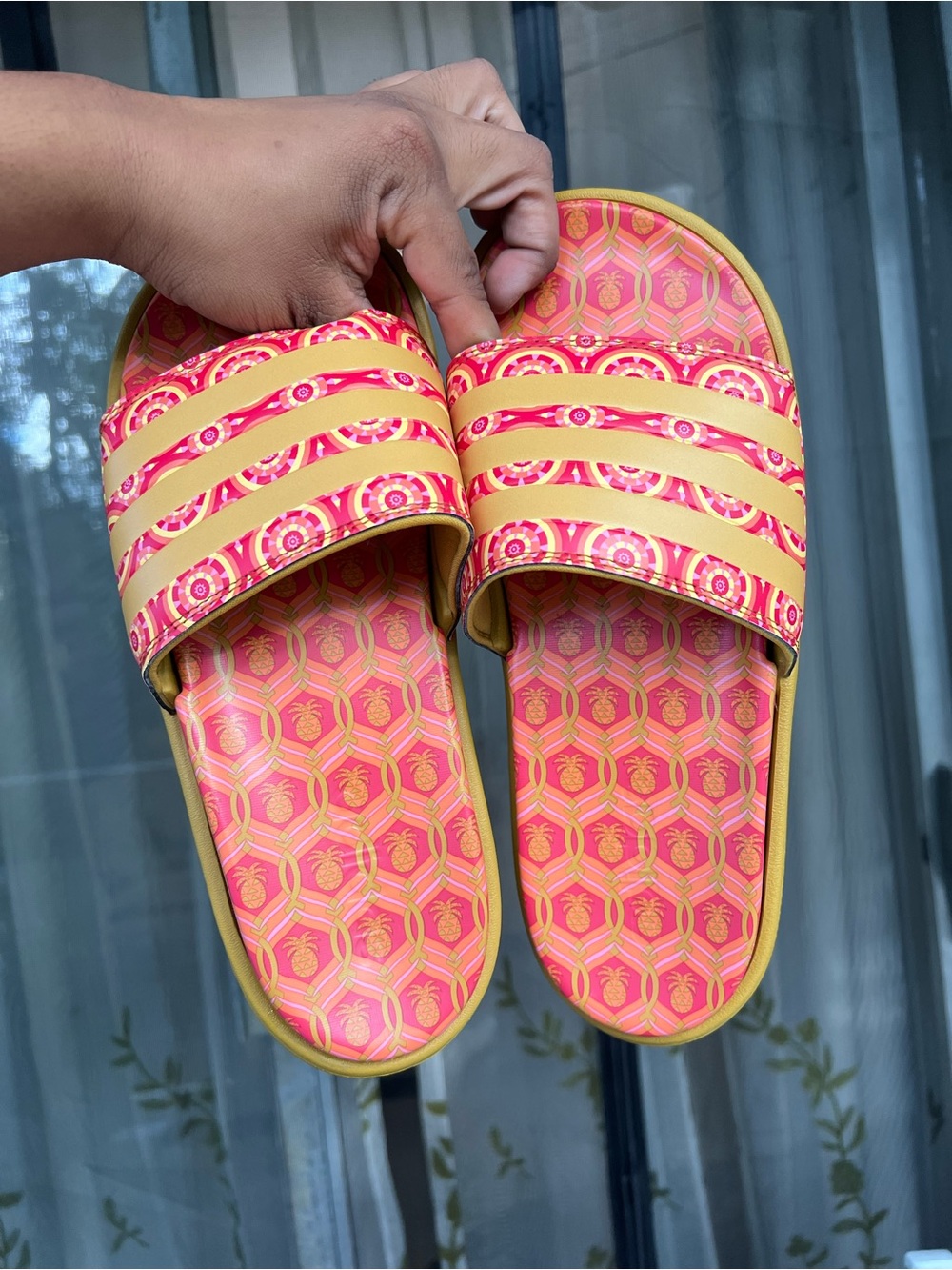 adidas Originals orange and Yellow Patterned Slide Sandals
